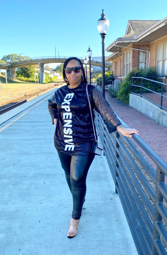 BLACK LETTER PRINTED SEQUIN MIDI DRESS/TUNIC