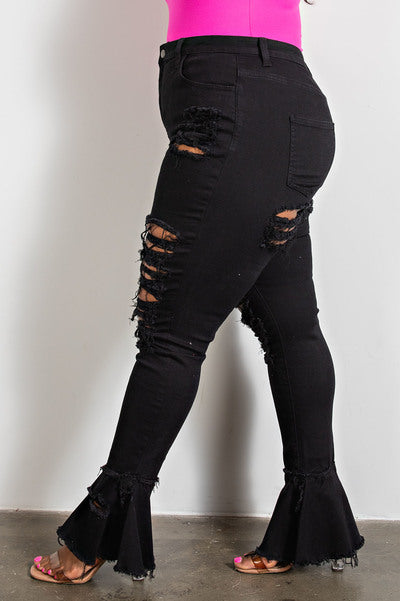 BLACK DENIM HIGH RISE FRAY FLARE JEANS