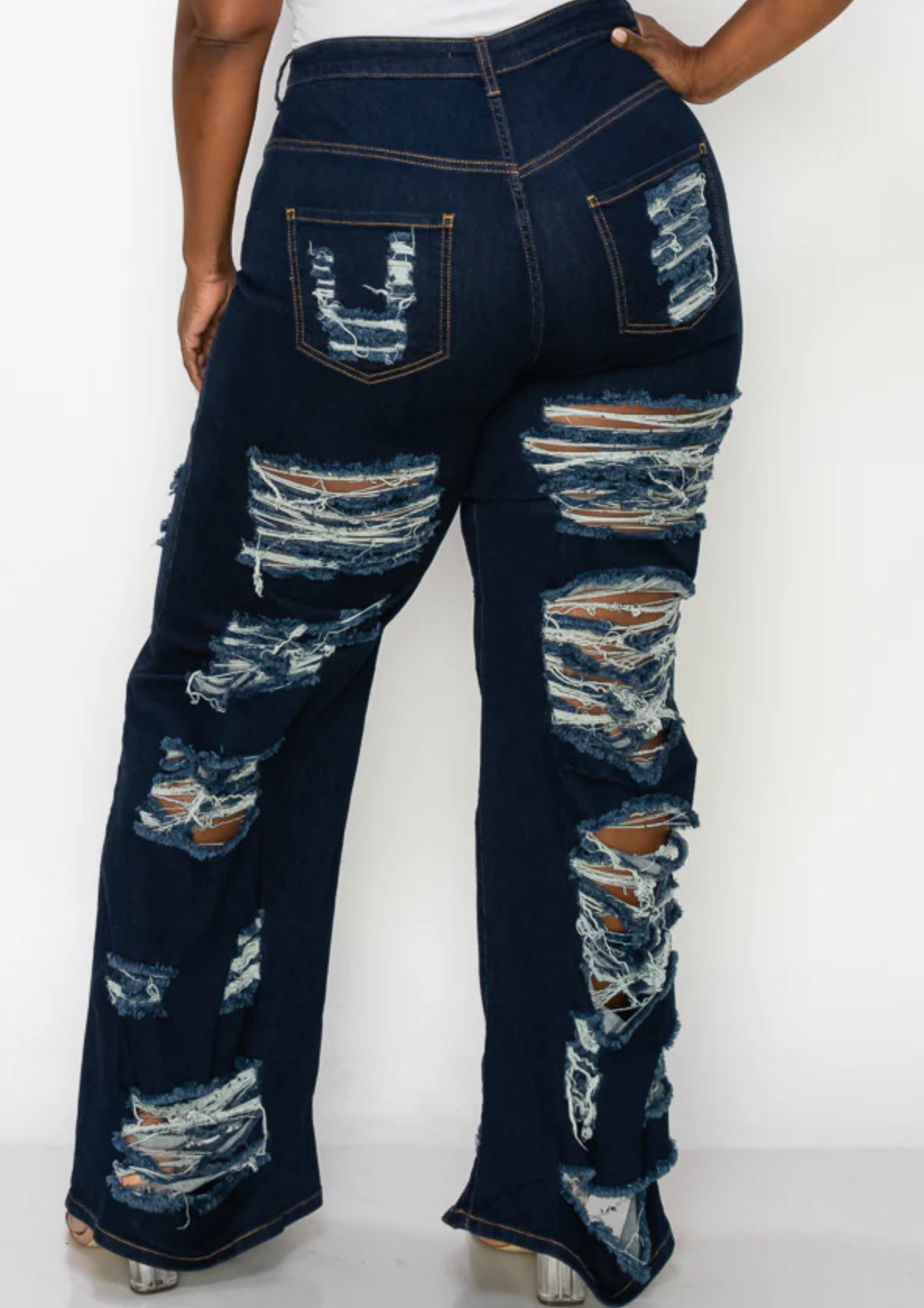 PLUS CURVY DISTRESSED WIDE LEG JEANS