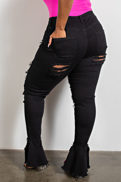 BLACK DENIM HIGH RISE FRAY FLARE JEANS