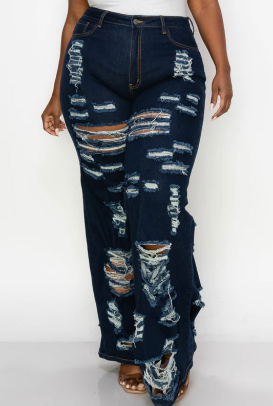 PLUS CURVY DISTRESSED WIDE LEG JEANS