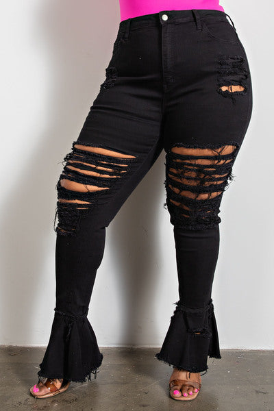 BLACK DENIM HIGH RISE FRAY FLARE JEANS