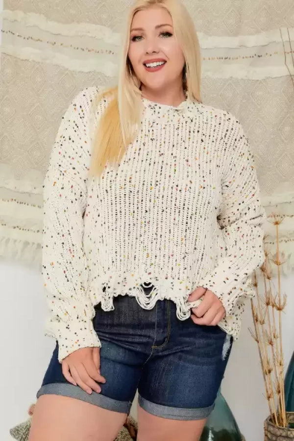 DOTTED KNIT DISTRESSED SWEATER TOP