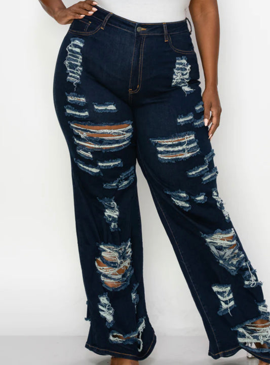 PLUS CURVY DISTRESSED WIDE LEG JEANS