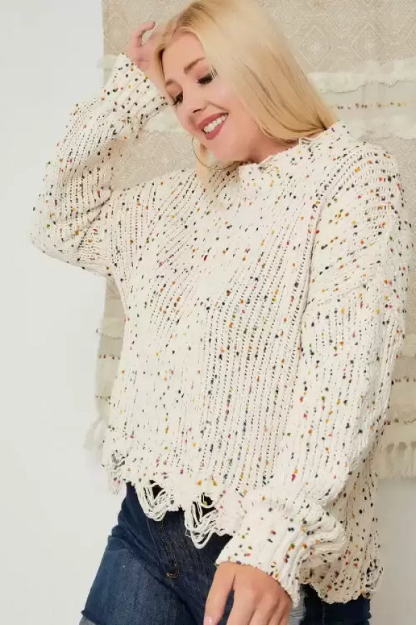 DOTTED KNIT DISTRESSED SWEATER TOP